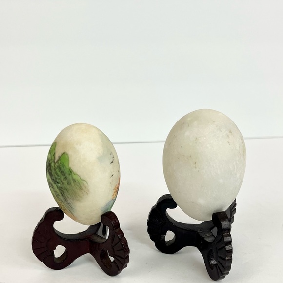 Vintage Set of Hand Painted Oriental Landscape Stone Egg - Picture 7 of 12